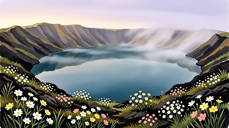 A painted view of a calm blue lake inside a crater, with fog rising and colorful wildflowers on the rocky rim.