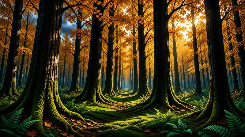Tall trees with moss-covered bases create a tunnel of orange leaves and green ferns under bright sunlight.