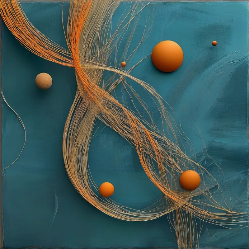 Several orange spheres are positioned within swirling golden strands against a textured teal canvas surface.