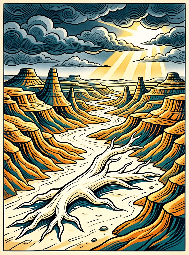 A dead tree lies across a winding canyon river flanked by striped rock formations with golden sun rays breaking through swirling clouds above.