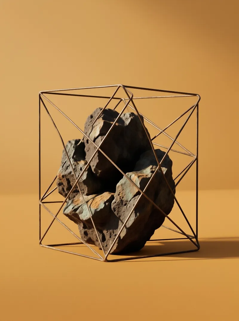 A dark porous stone sits inside a thin metal wire geometric structure against a warm yellow background with sharp shadows.