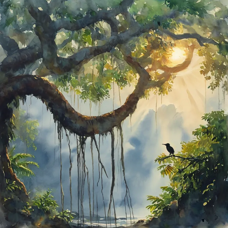A curved limb hung with thin aerial roots arcs through a watercolor canopy while sunlight bursts behind a small perched bird.