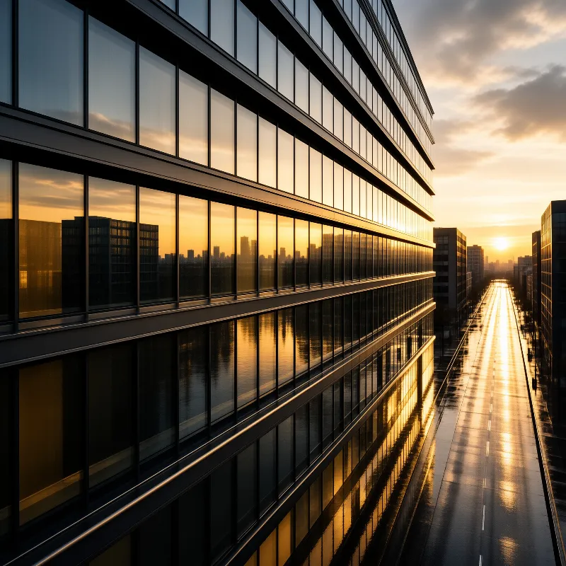 A modern glass building stands beside a wet street during sunset with golden reflections.