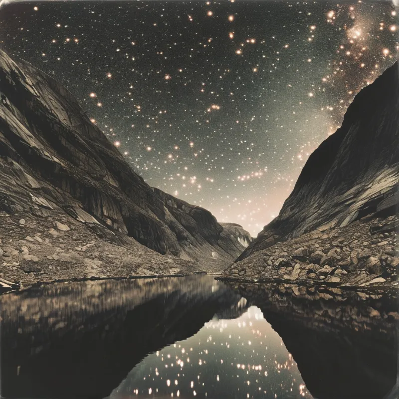 Two rugged mountain slopes frame a calm lake that perfectly mirrors the bright stars and Milky Way overhead