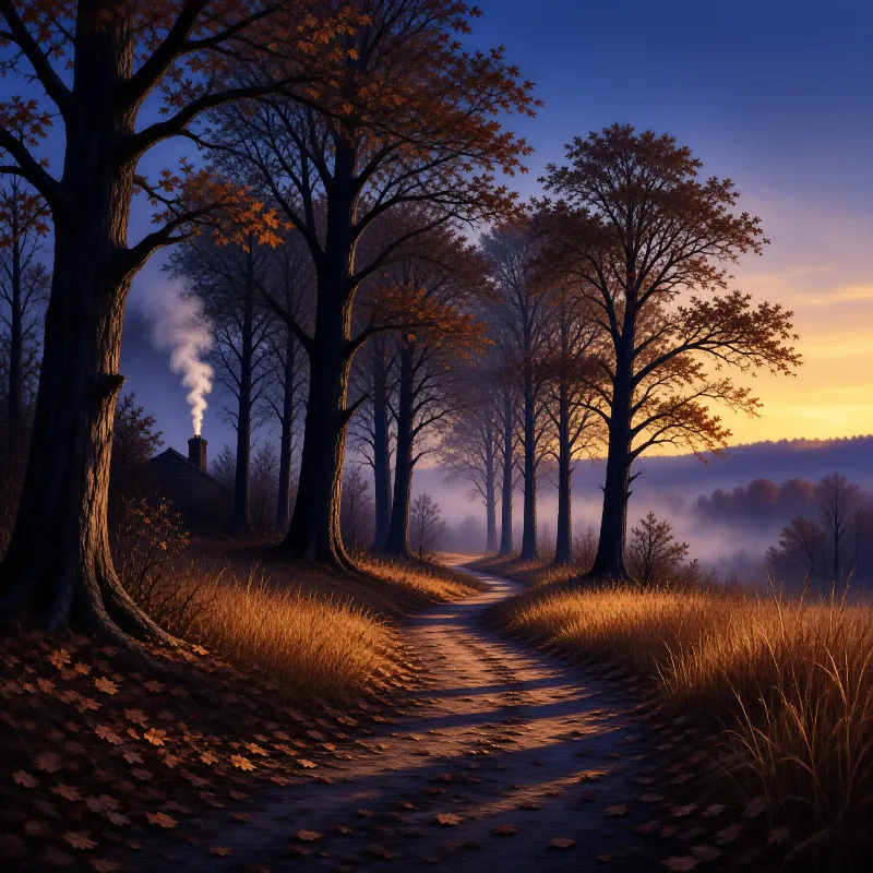 A dirt path winds through a forest of tall trees with golden grass and a smoking cottage under a twilight sky.
