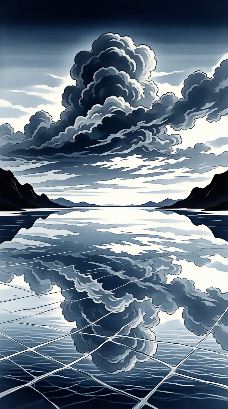 A massive dark cloud tower above distant mountains mirrors in the calm blue water creating a symmetrical composition.