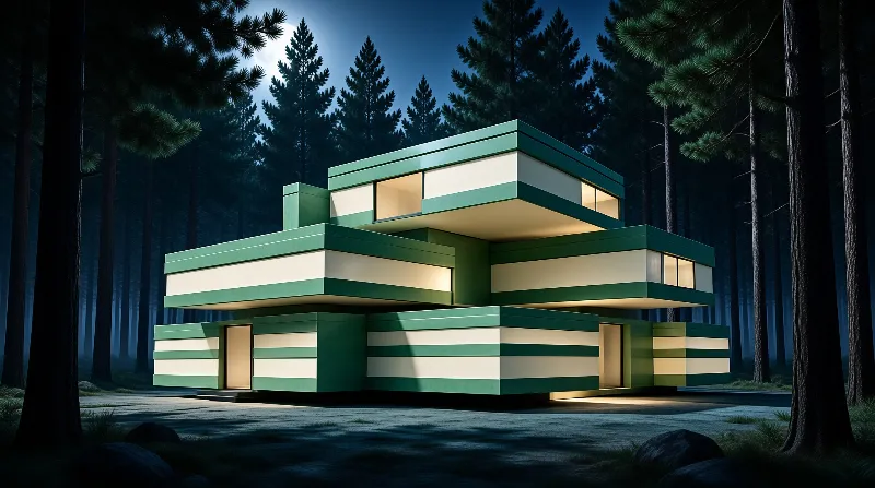 A multi-story geometric residence with green and white siding glows warmly among tall pine trees during a moonlit night.