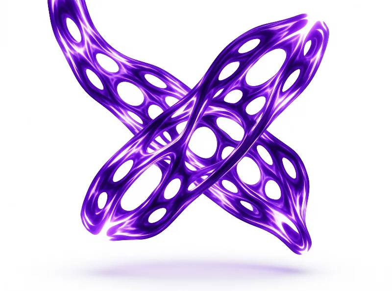 A glossy bright purple perforated interwoven structure floats above a soft shadow on a plain white background.