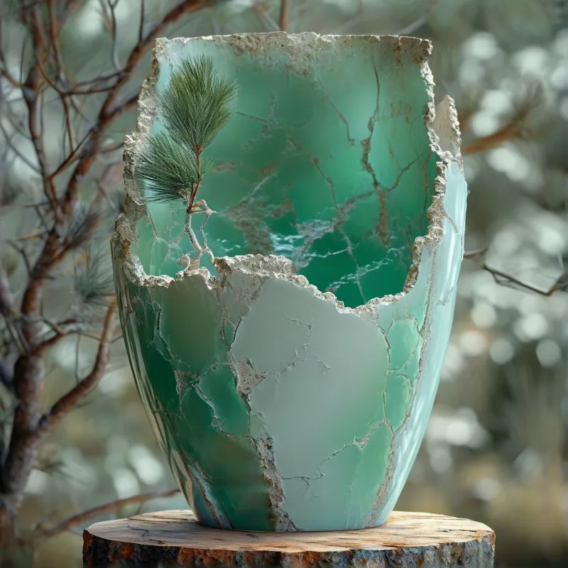 A fractured green stone vessel rests on a wood stump with a pine sprig growing from its interior.