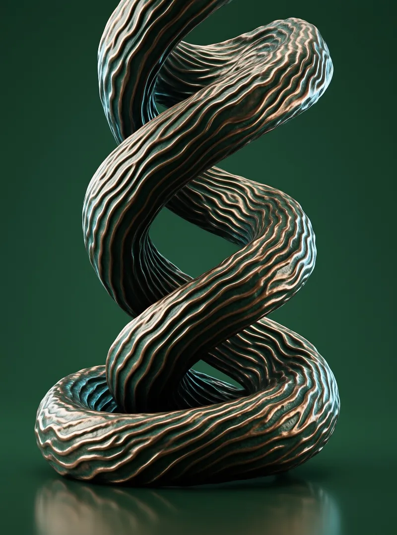 A twisted metallic sculpture resembling a double helix stands against a dark green backdrop. The surface features alternating bronze and teal stripes that follow the spiral form. Studio lighting highlights the ridges of the wavy texture, creating a reflective sheen on the polished material.