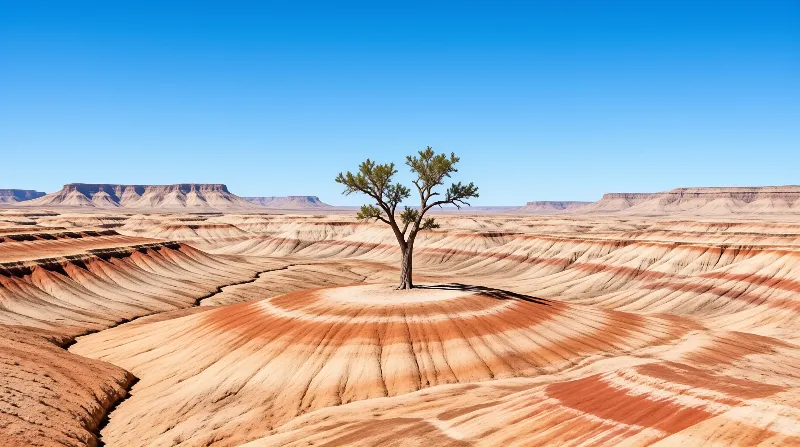 A solitary tree grows on a small hill amidst rippling eroded terrain and distant flat-topped mountains under a bright sky.