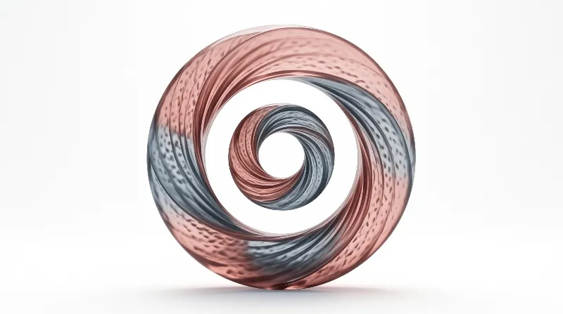 A polished twisted metal ring shows alternating bands of copper and silver with a stippled surface texture.
