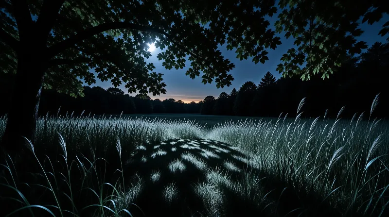 Tall silvery grass fills a dark meadow at dusk while moonlight through oak leaves casts striped shadows down a hollow.