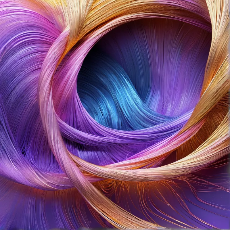 Vibrant purple and orange fibers twist into a deep tunnel with glowing blue centers.