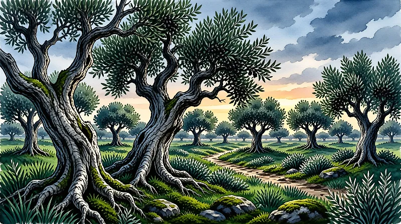 Gnarled olive trees stand beside a winding dirt path leading toward a warm sunset under partly cloudy skies.