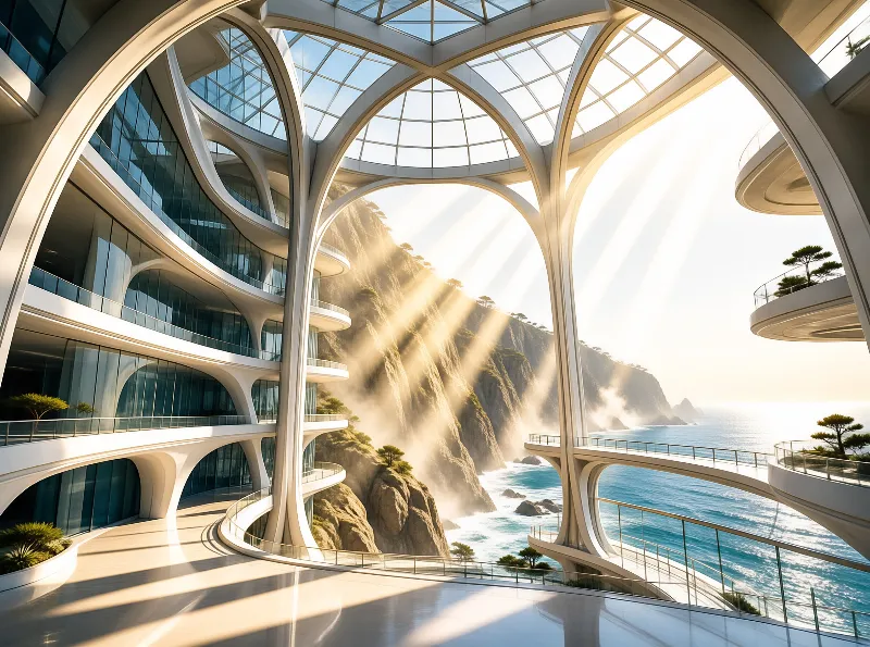 A white curved interior looks out onto misty sea cliffs through large windows bathed in bright sunlight.