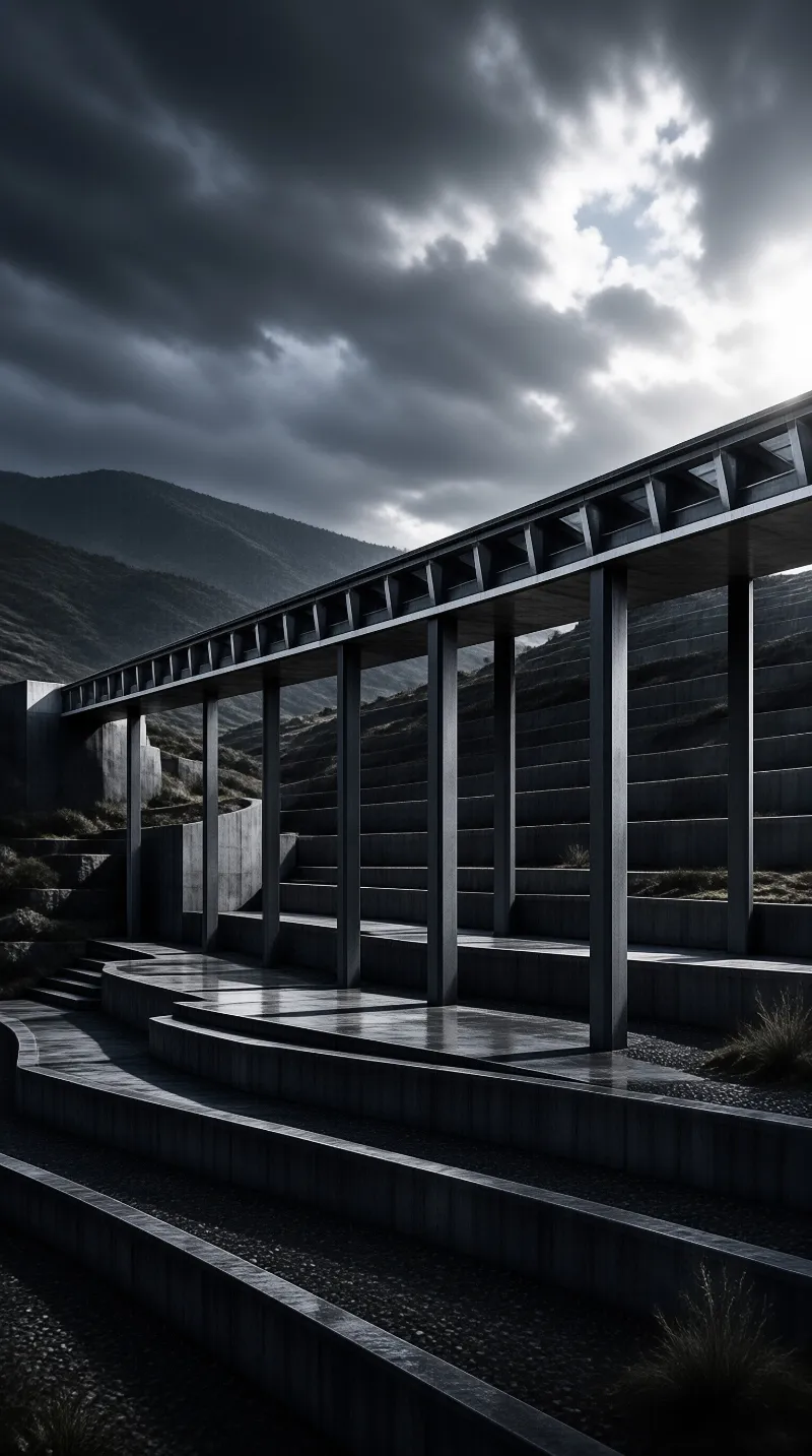 An open-sided colonnade stands on a terraced hillside under a sky of dark clouds and breaking light.