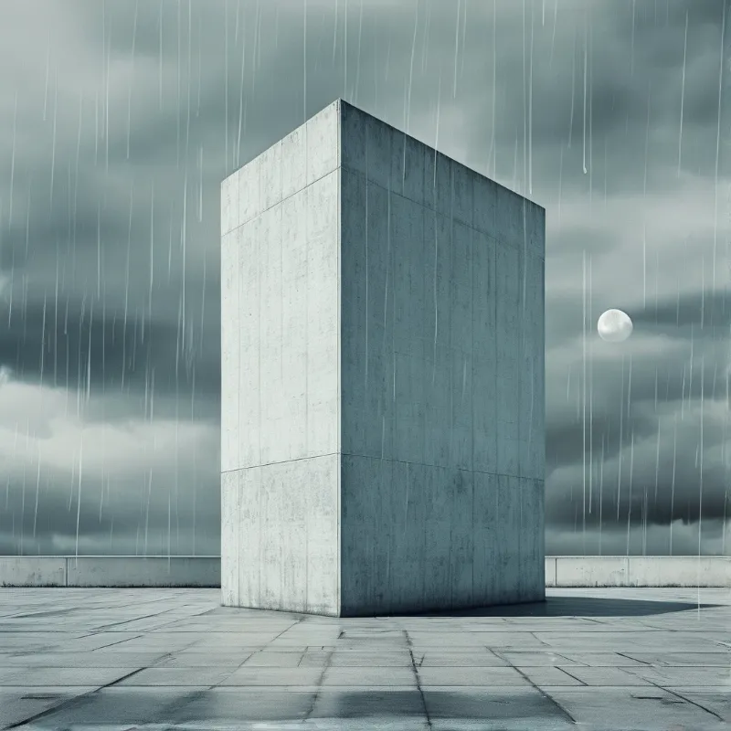 A large grey concrete block stands alone on a paved surface while rain falls heavily against a cloudy sky where a full moon is visible.