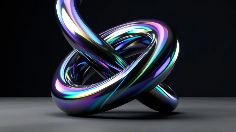 A smooth glossy metal tube twists into a knot, showing rainbow colored reflections against a dark background and plain grey surface.