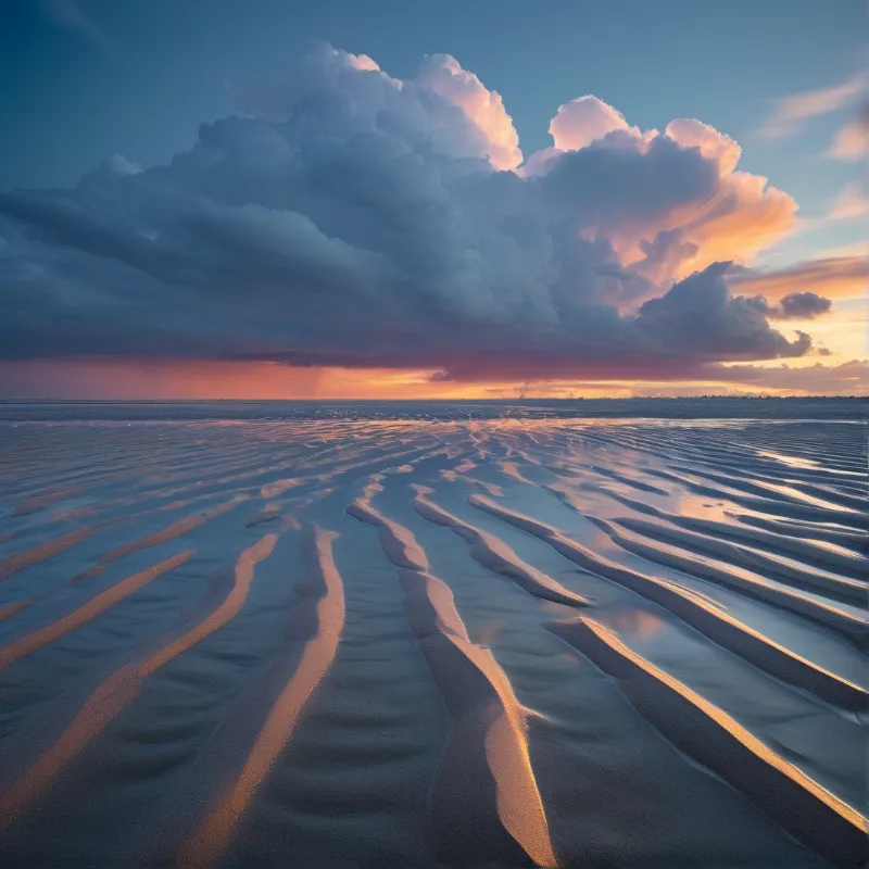 Wet sand shows parallel wind-carved ridges leading to the horizon under a sky of pink and orange sunset clouds.