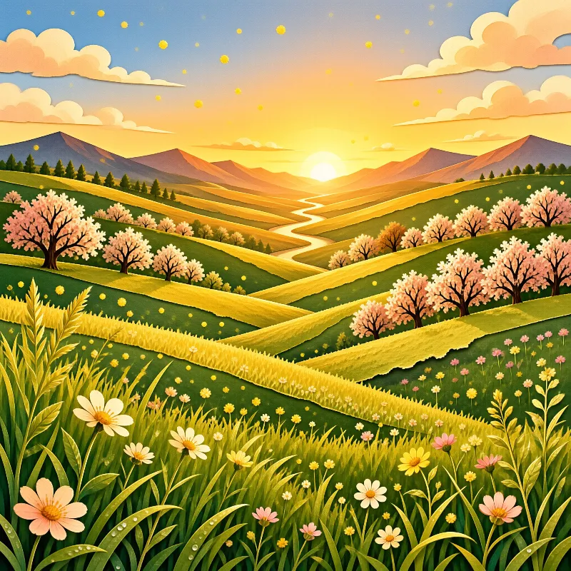 Rolling green hills with pink blossom trees and a winding river under a golden sunset sky.