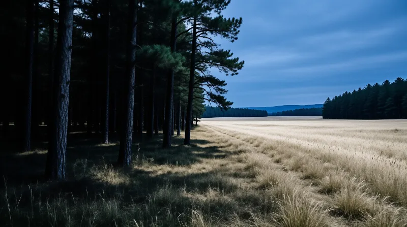 A line of tall pine trees borders a wide expanse of golden grass under a deep blue evening sky.