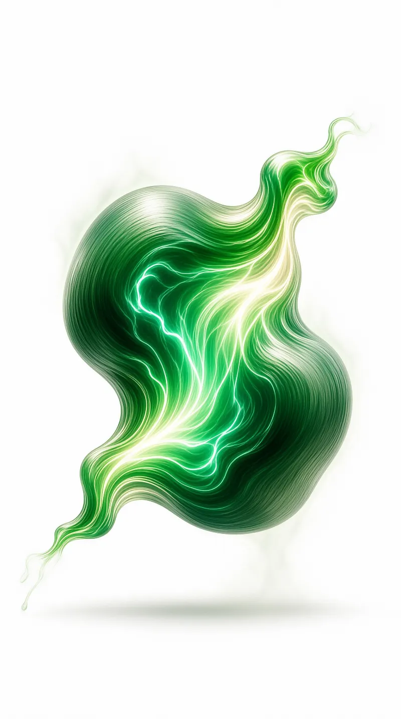 Green helix twisting against a plain white background with bright white light streaks running through its fluid texture.