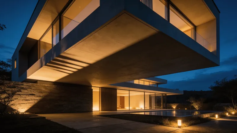 Villa with Floating Cantilever — Night With Warm Lights
