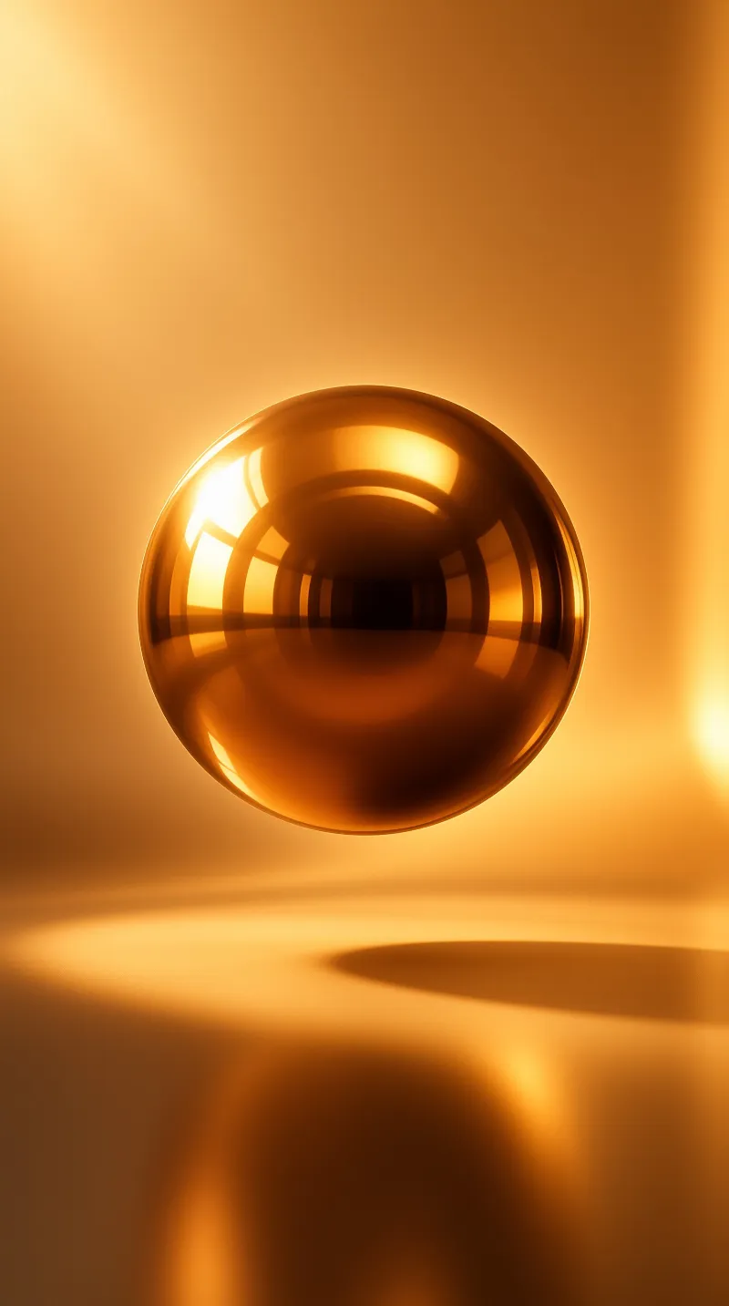 A reflective amber ball floats against a glowing orange backdrop casting a distinct shadow on the surface.