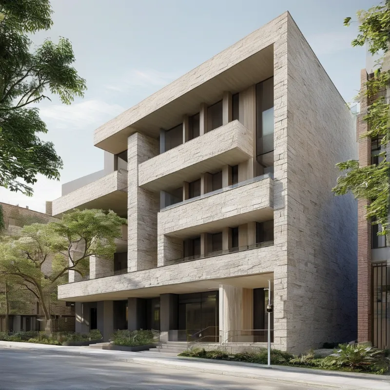 A light stone building with cantilevered balconies and large windows stands on a street lined with trees.