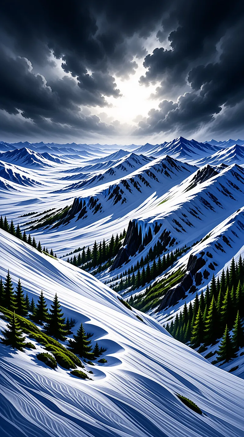 Vast snowy mountain range stretches into distance under dark clouds parting to reveal sunlight on peaks and evergreen forests.