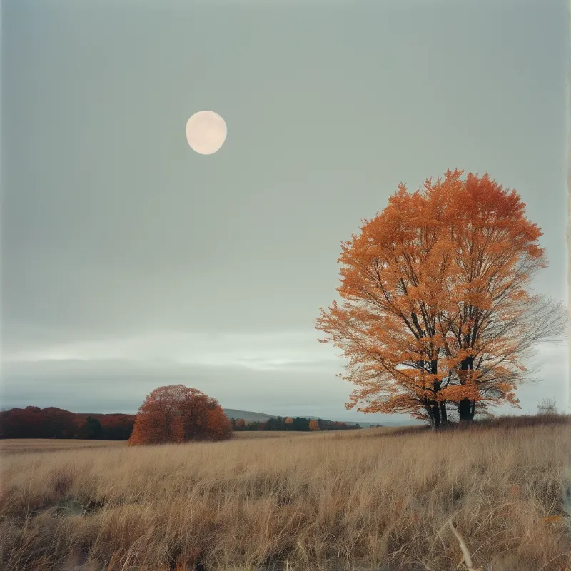 A large tree with autumn foliage stands in a grassy field while a full moon hangs in the overcast sky.