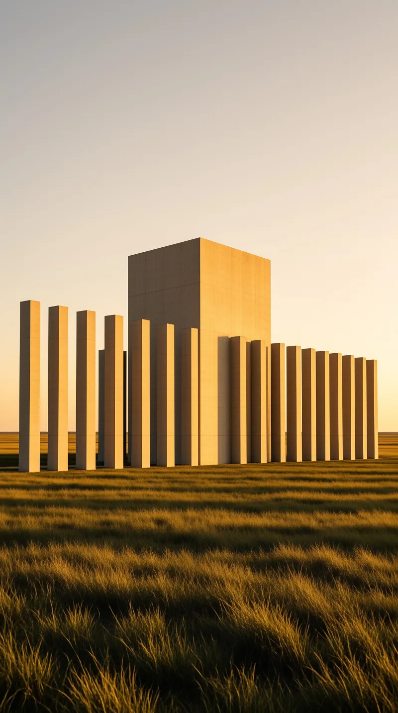 Tall rectangular columns line a grassy landscape with a massive cubic block behind them in warm light.