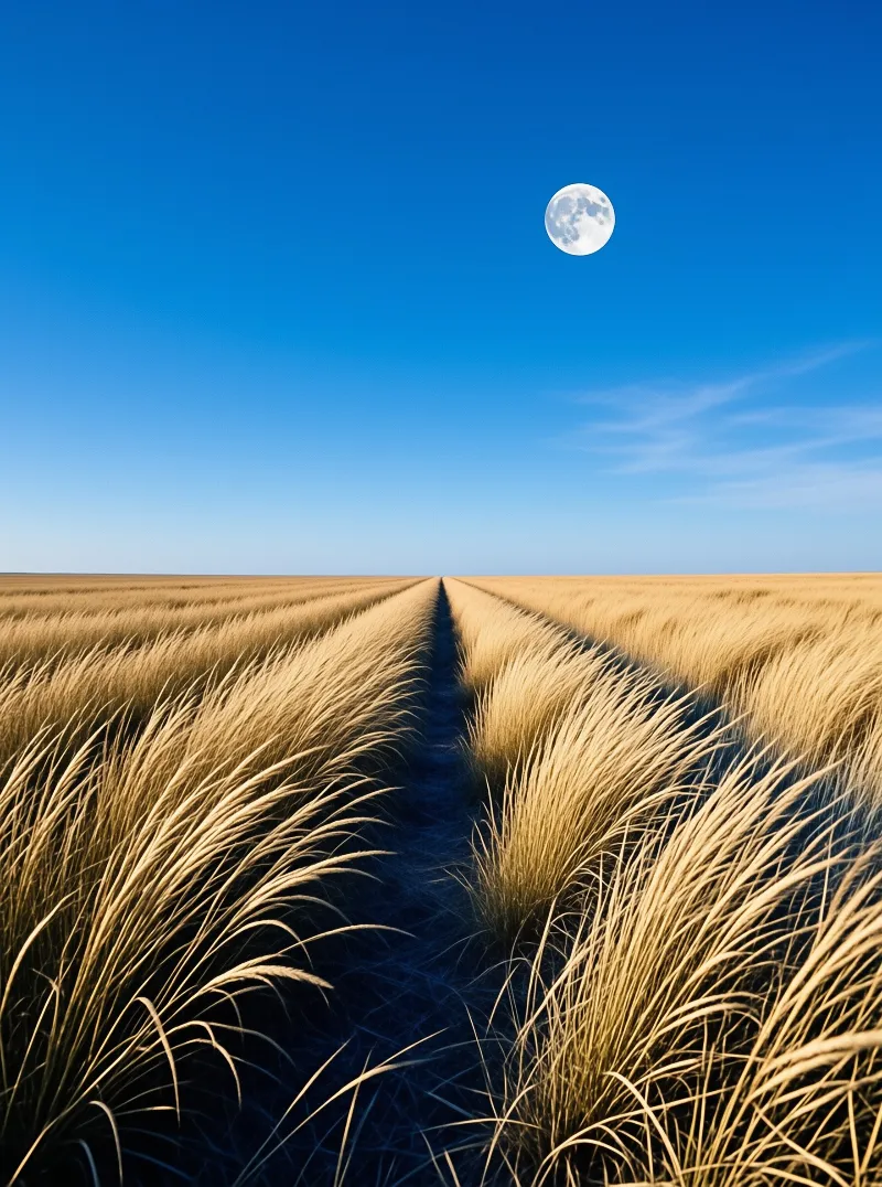 A dark path cuts through golden wheat rows under a clear blue sky featuring a bright full moon high above.