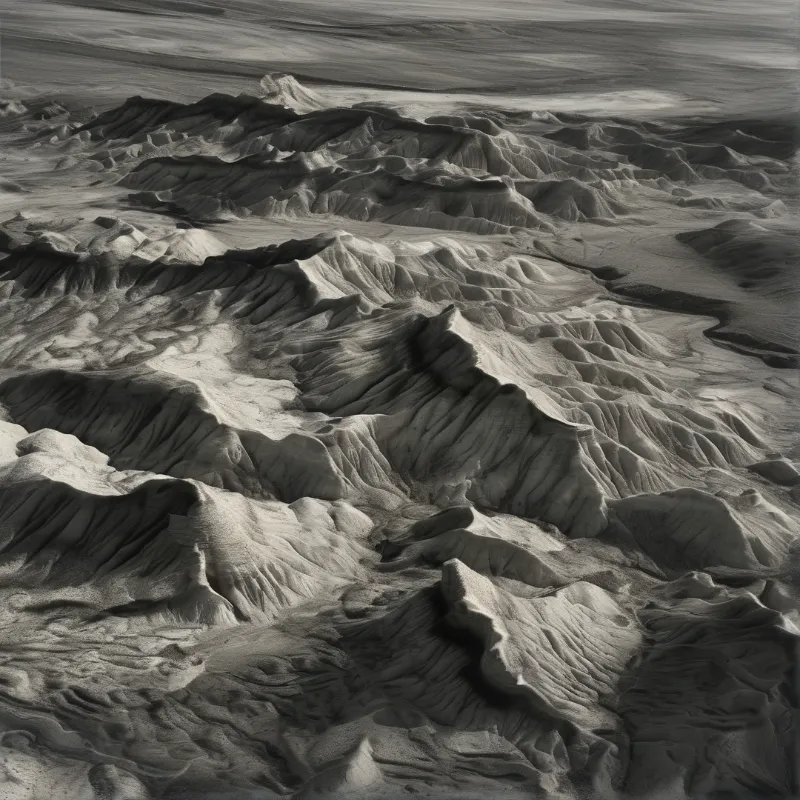 A grayscale aerial perspective reveals the intricate textures of eroded desert landforms and deep shadowed valleys.