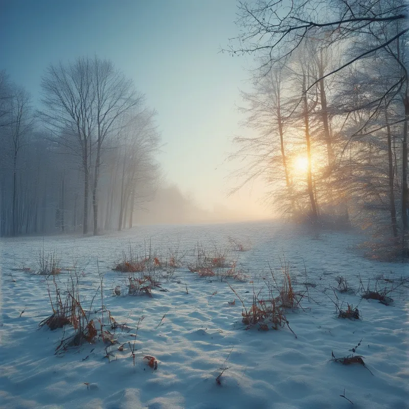 Bare winter trees line a frozen riverbank as the sun shines through the misty branches on the right side of the frame.