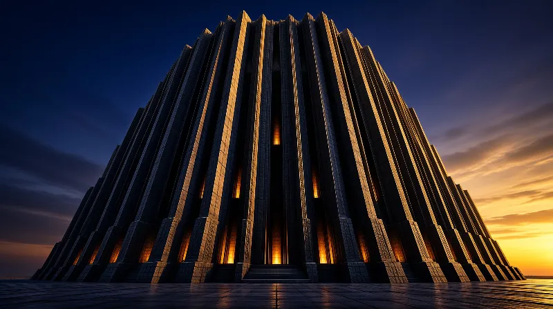 A towering stone structure with vertical columns stands against a twilight sky, illuminated by golden light from within