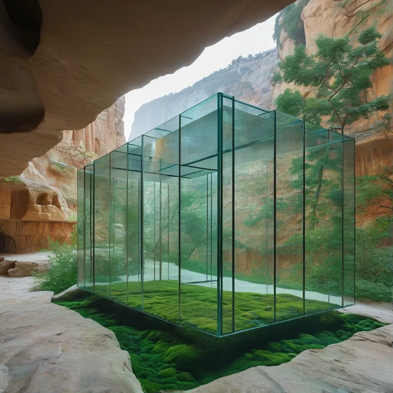 A large transparent glass enclosure rests on vibrant green moss inside a rocky canyon landscape with natural daylight.