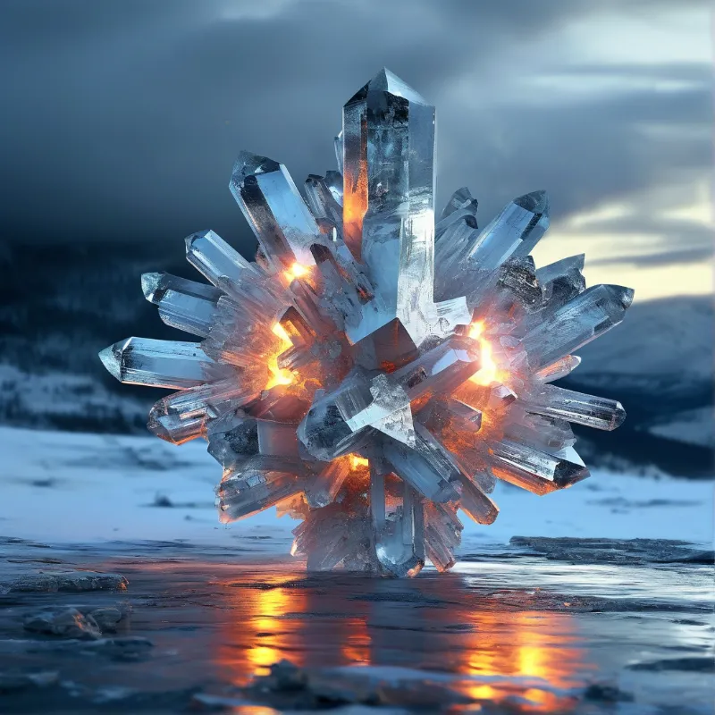 A large crystal cluster rests on icy ground, glowing with intense orange light against a backdrop of snowy mountains.