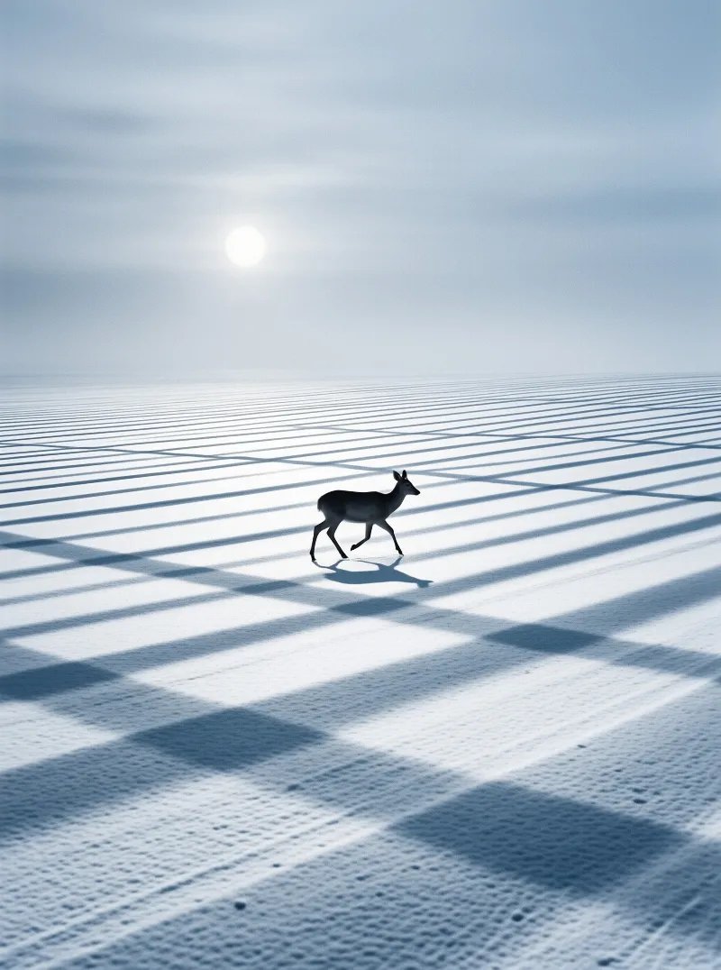 A lone deer walks across blue white snow while low sunlight casts a repeating lattice of long shadows