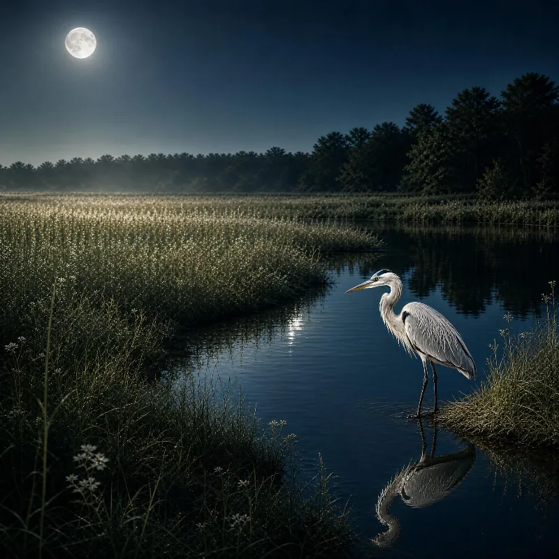 A heron stands at the edge of a calm waterway in a moonlit marsh, its reflection visible in the water surrounded by tall grasses and distant trees under the full moon.