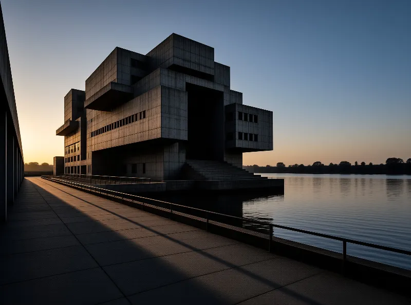 Concrete brutalist structure sits by water at dusk with long shadows stretching across the foreground path near the steps.