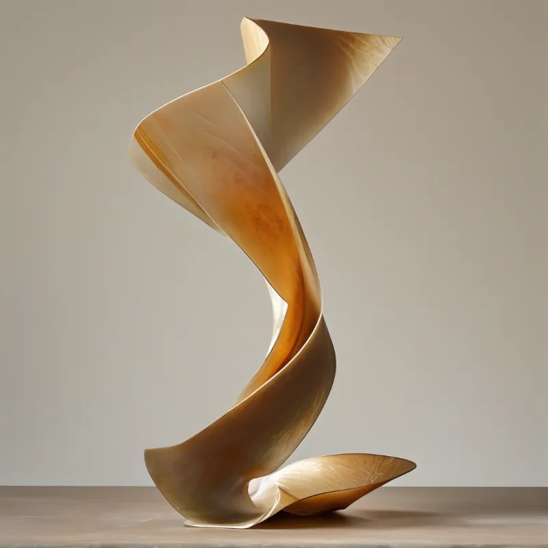 A twisted agate sculpture stands on wood against a plain grey background illuminated by warm soft light.