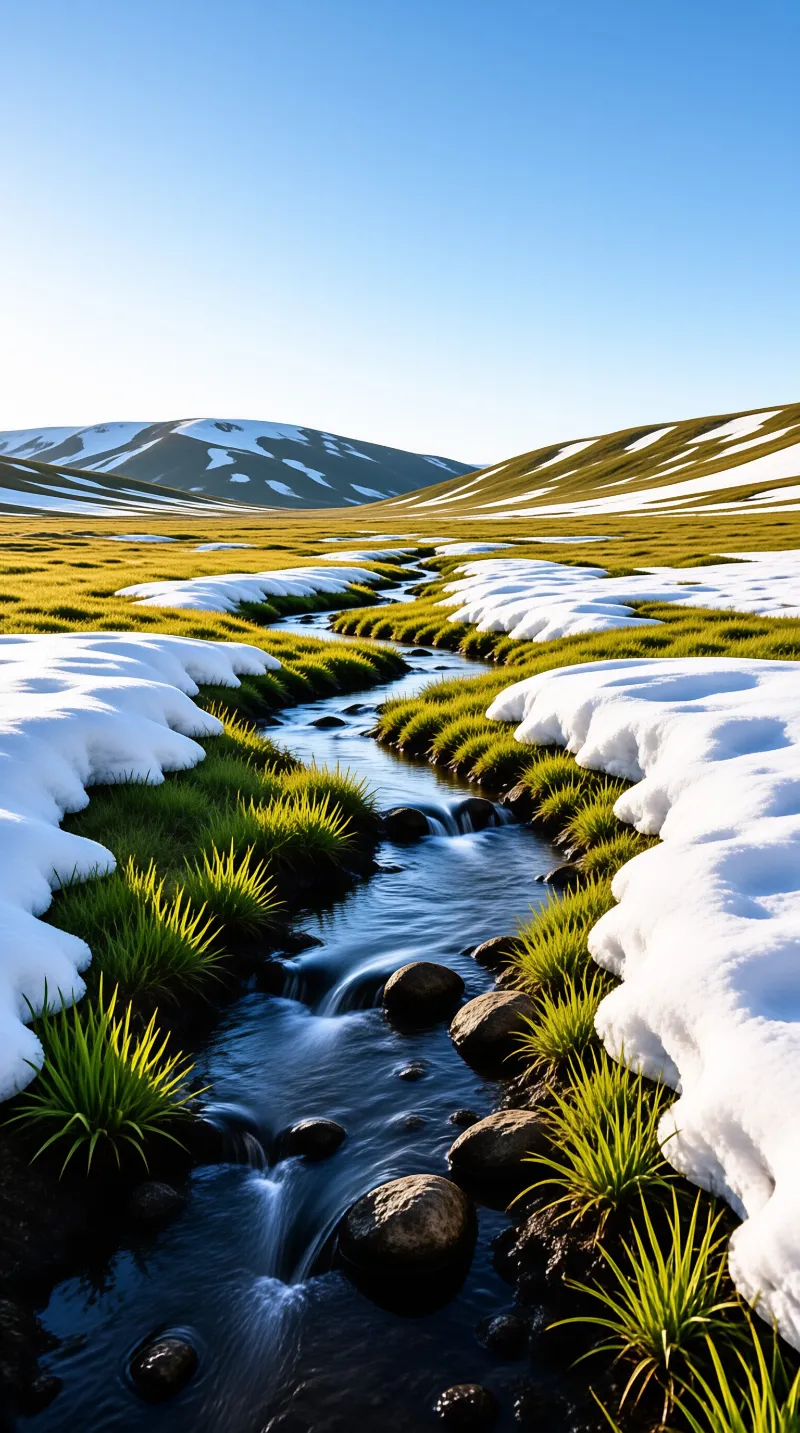A narrow stream of dark water threads between rounded snow banks and bright green tussock grass below low alpine hills.