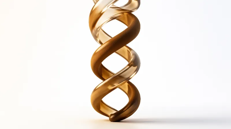 A glossy bronze helical shape rests upon a seamless bright surface with soft shadows