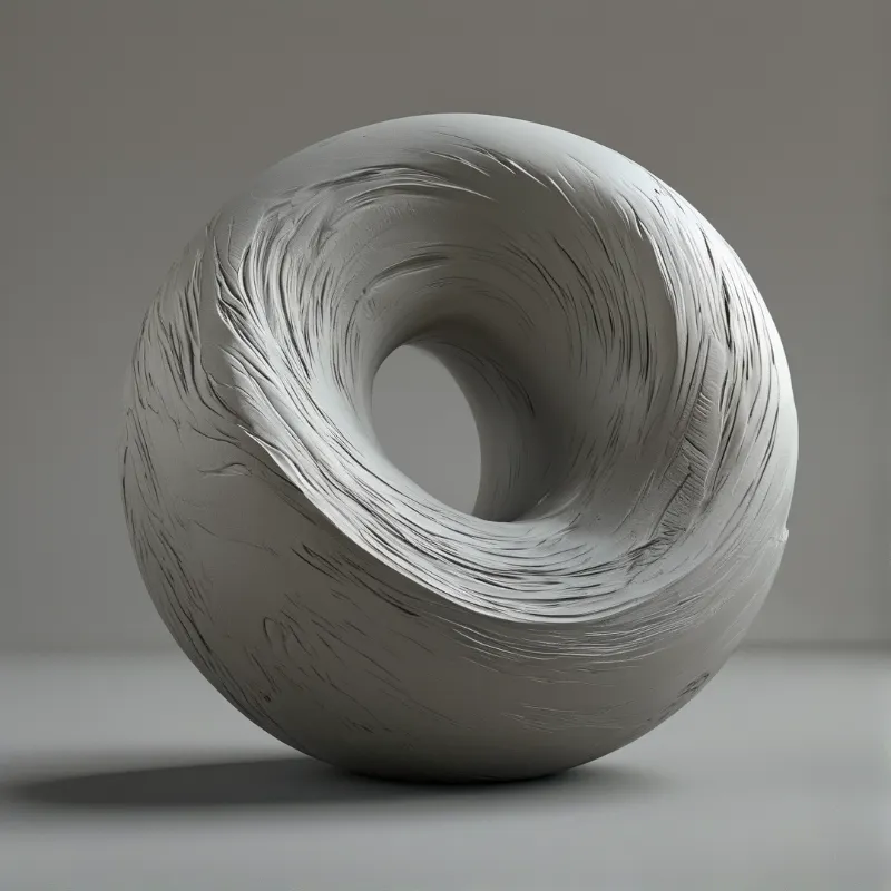 A sculpted grey ring with fibrous strands rests on a smooth plane against a muted backdrop illuminated by diffuse illumination.