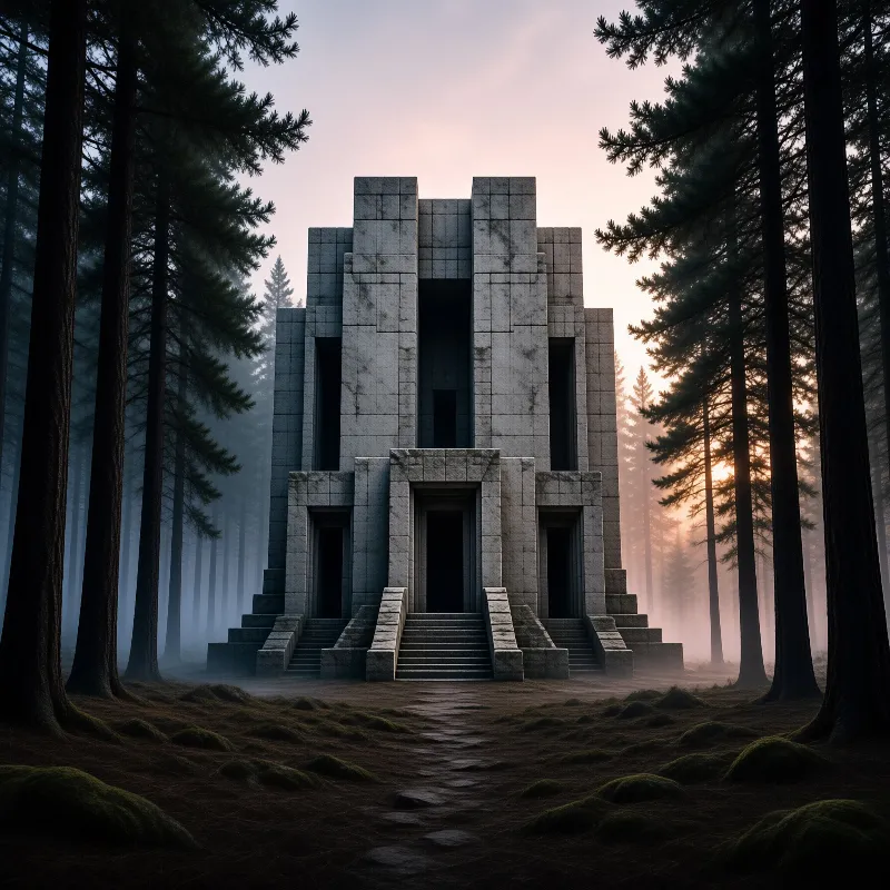 Stone Temple in Misty Forest