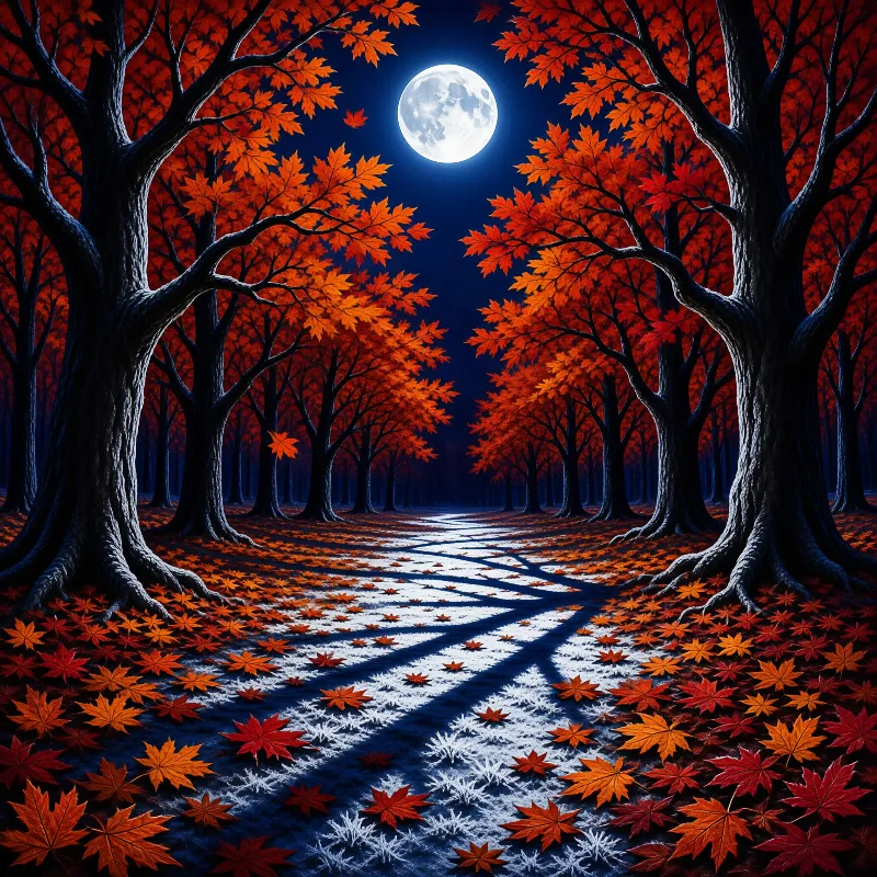 A winding path through a dense forest of red maple trees leads toward a bright full moon hanging in a deep blue night sky while white frost covers the ground and long shadows stretch across the snowy walkway.