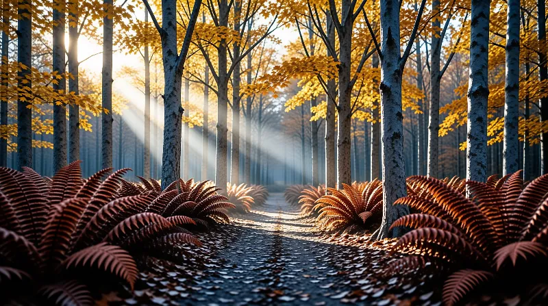 Tall white trees with golden leaves frame a dirt path while red ferns line the edges under beams of sunlight.