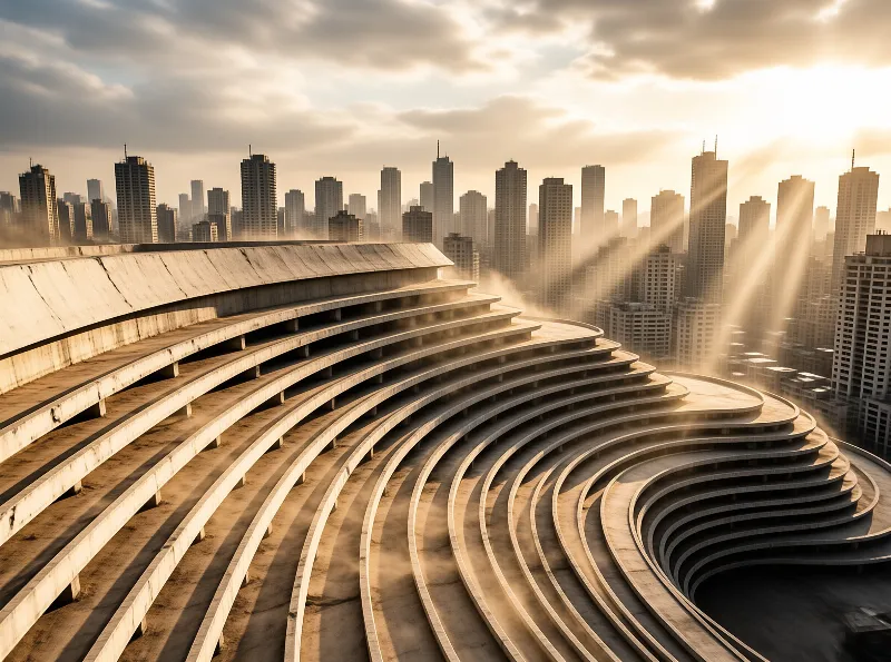 A tiered concrete structure curves upward while warm sunbeams cut through haze over distant skyscrapers.